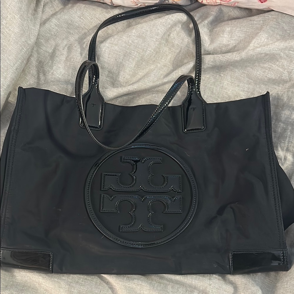 Tory Burch Black Tote Bag with Textured Fabric and Sturdy Handles